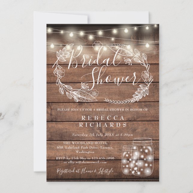 Rustic Wood String Lights Mason Jars Bridal Shower Invitation (Front)