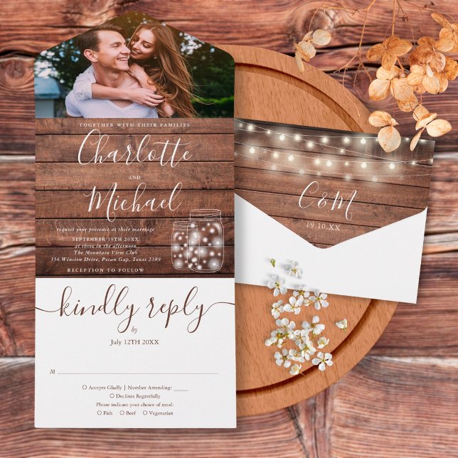 Rustic Wood String Lights Mason Jars Photo Wedding All In One Invitation (Creator Uploaded)