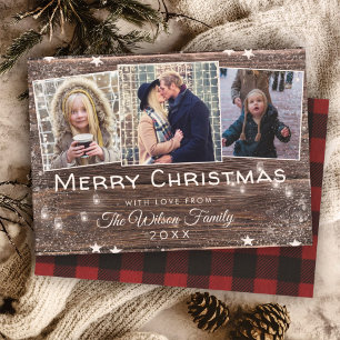 Rustic Wood String Lights Mason Jars Plaid Holiday Card
