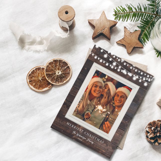 Rustic Wood String Lights Merriest Christmas Photo Holiday Card (Creator Uploaded)