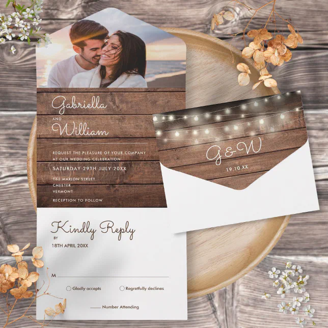 Rustic Wood String Lights Monogram Photo Wedding All In One Invitation ...
