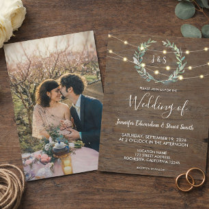 Rustic wood string lights monogram photo Wedding Invitation