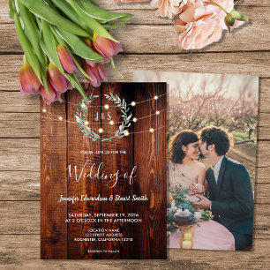 Rustic wood string lights monogram photo Wedding Invitation