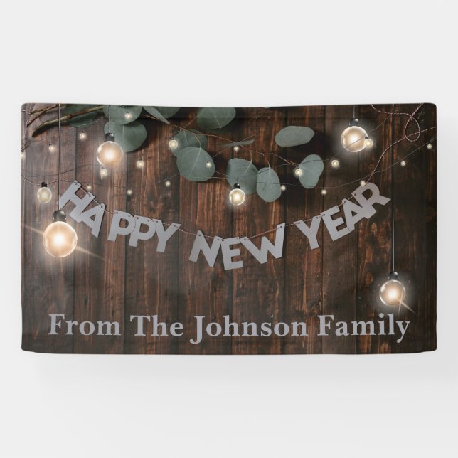 Rustic Wood & String Lights New Years Eve Party Banner (Horizontal)