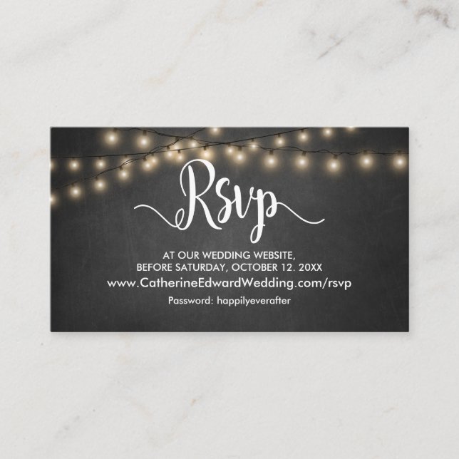 Rustic Wood, String Lights, Online RSVP website En Enclosure Card (Front)