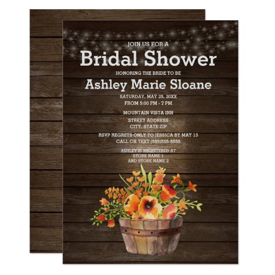 Rustic Wood String Lights Orange Bridal Shower Card