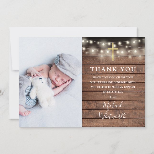 Rustic Wood String Lights Photo Baptism Thank You Card (Front)