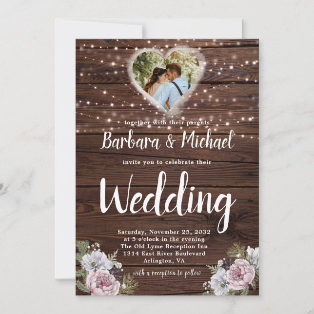 Rustic Wood String Lights Photo Floral Wedding   Invitation (Front)