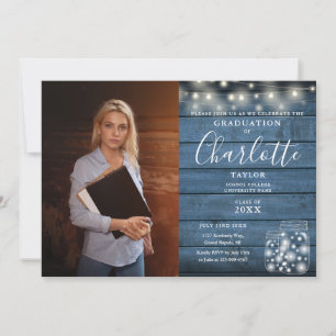  Rustic Wood String Lights Photo Graduation Party Invitation