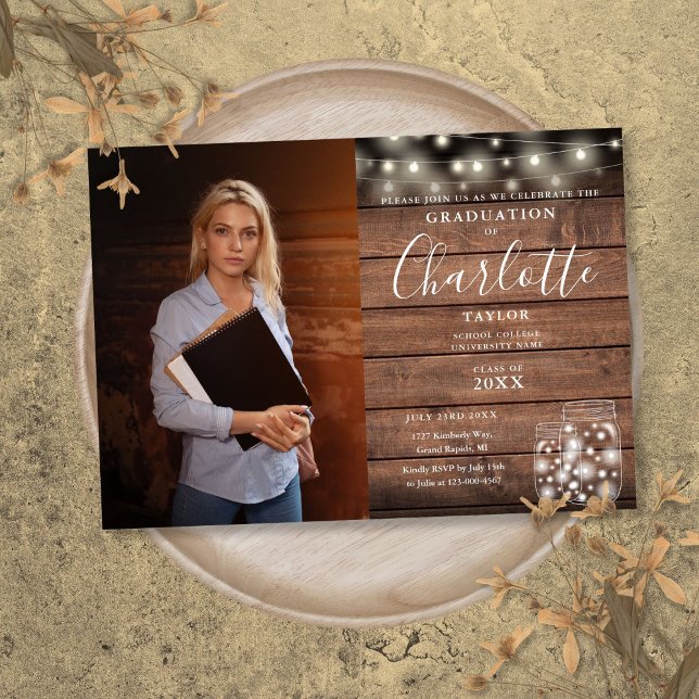 Rustic Wood String Lights Photo Graduation Party Invitation (Rustic Wood String Lights Photo Graduation Party Invitation)