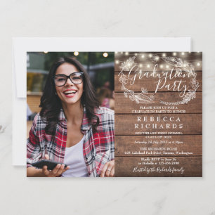 Rustic Wood String Lights Photo Graduation Party Invitation