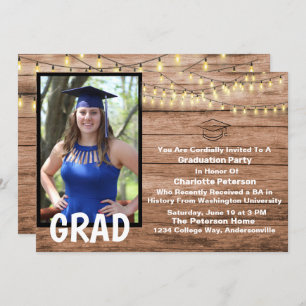 Rustic Wood & String Lights Photo Graduation Party Invitation