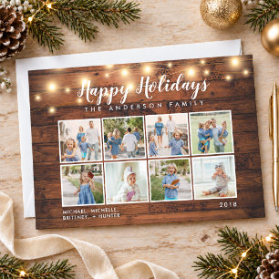 Rustic Wood String Lights Photo Holiday Card