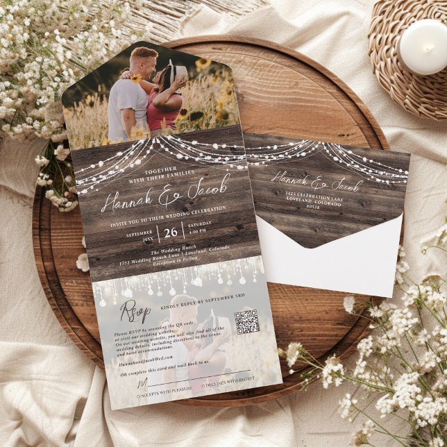 Rustic Wood String Lights Photo QR Code Wedding All In One Invitation (Creator Uploaded)