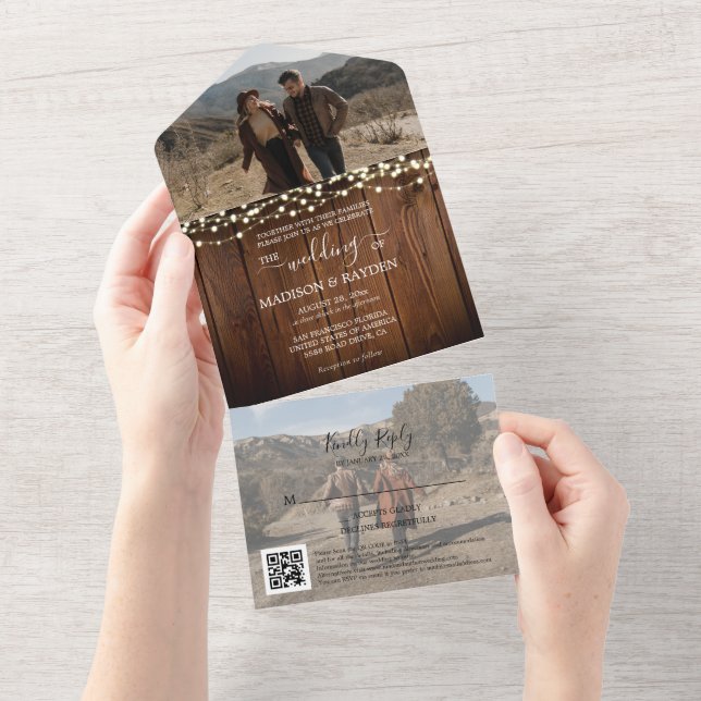 Rustic Wood String Lights Photo QR Code Wedding All In One Invitation (Tearaway)