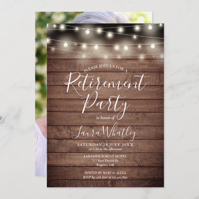 Rustic Wood String Lights Photo Retirement Party Invitation (Front/Back)