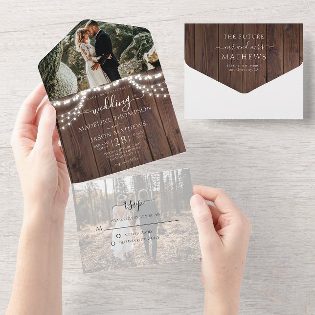 Rustic Wood String Lights Photo RSVP Wedding All In One Invitation (Creator Uploaded)