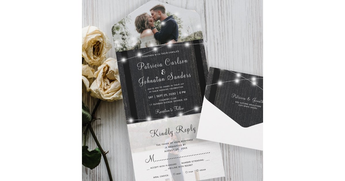 Rustic wood string lights photo rsvp wedding all in one invitation | Zazzle