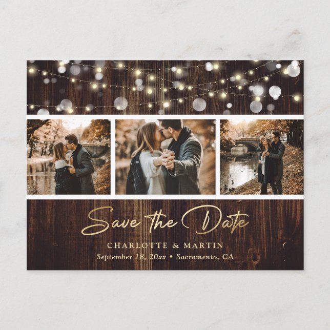 Rustic Wood String Lights Photo Save The Date Announcement Postcard (Front)