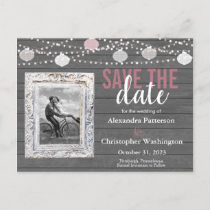 Rustic Wood & String Lights Photo Save the Date Invitation Postcard