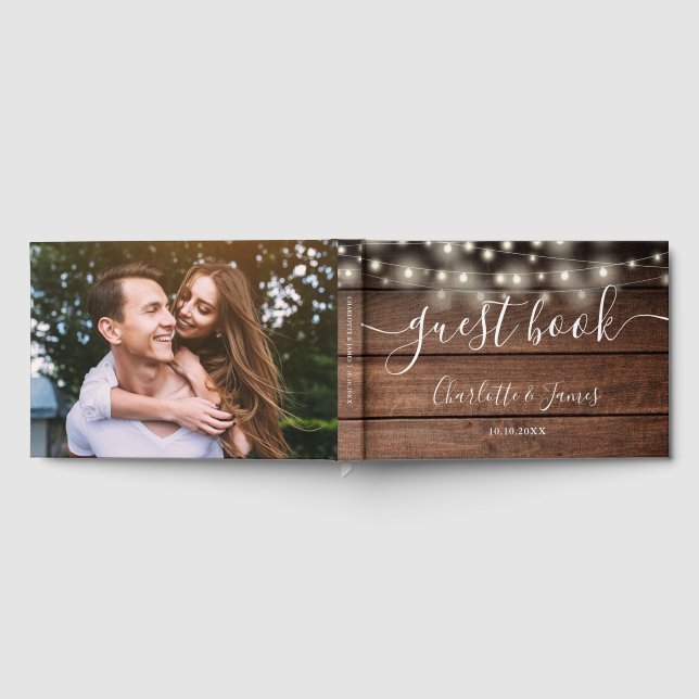 Rustic Wood String Lights Photo Wedding Guest Book (Full)
