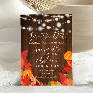 Rustic wood string lights pumpkin save the date announcement postcard
