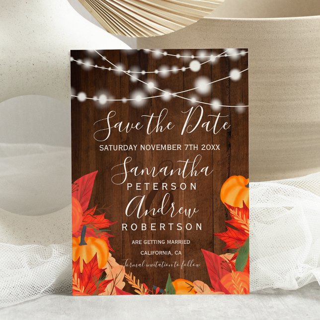 Rustic wood string lights pumpkin save the date announcement postcard (Creator Uploaded)