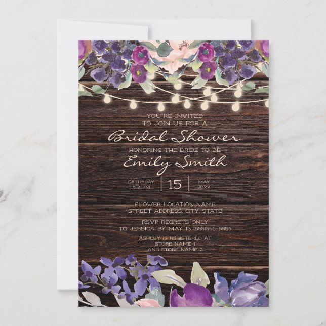 Rustic Wood String Lights Purple Floral Bridal Invitation (Front)