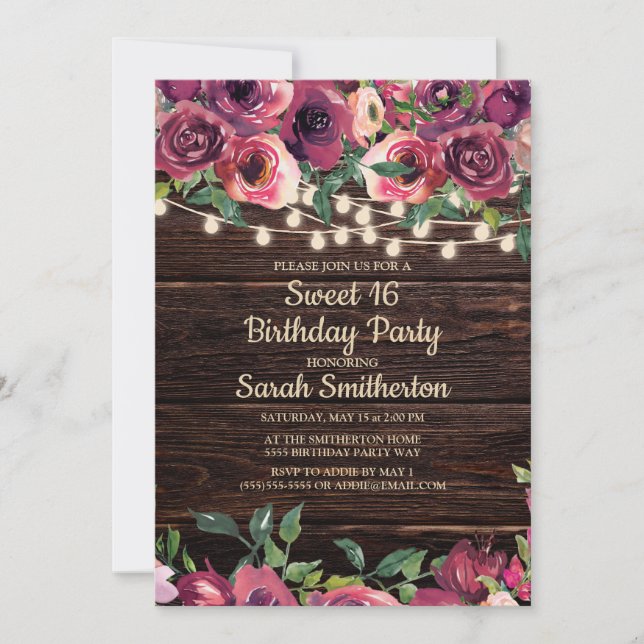 Rustic Wood String Lights Purple Floral Sweet 16 Invitation (Front)