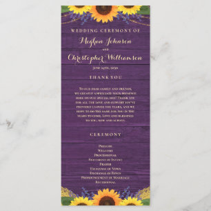 Rustic Wood String Lights Purple Sunflower Wedding Program