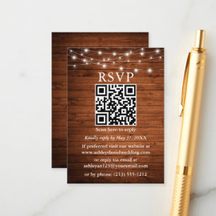 Rustic Wood String Lights QR Wedding RSVP Enclosure Card