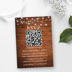 Rustic Wood String Lights QR Wedding RSVP Enclosure Card
