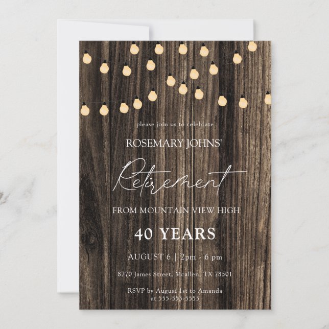 Rustic Wood String Lights Retirement Invitation (Front)