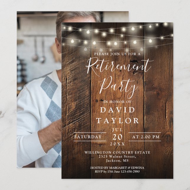 Rustic Wood String Lights Retirement Party Photo Invitation (Front/Back)