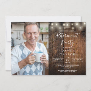 Rustic Wood String Lights Retirement Party Photo Invitation