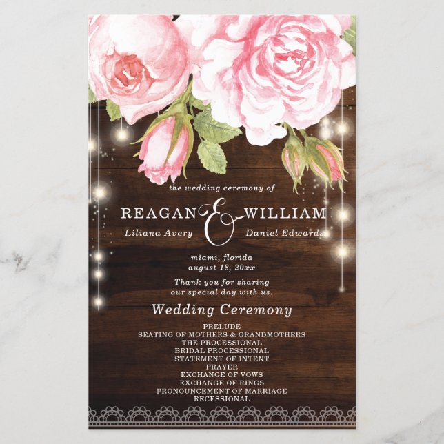 Rustic Wood String Lights Roses Wedding Program (Front)