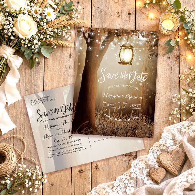 Rustic Wood String Lights Save the Date Announcement Postcard (Creator Uploaded)