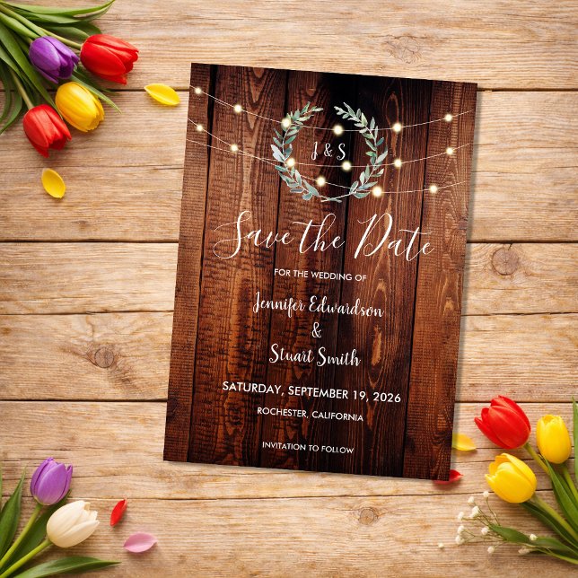 Rustic wood string lights Save the Date Magnetic Invitation (Rustic wood string lights Save the Date Magnetic Invitation.)