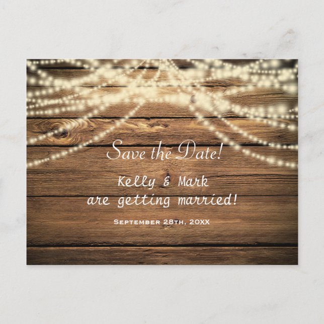 Rustic Wood & String Lights Save The Date Postcard (Front)