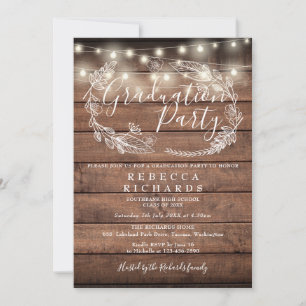 Rustic Wood String Lights Script Graduation Party Invitation