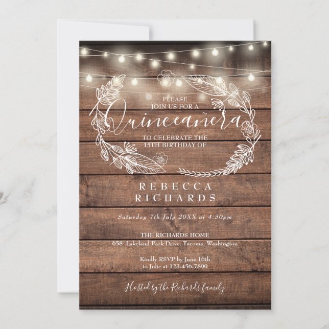 Rustic Wood String Lights Script Quinceañera 15th Invitation (Front)