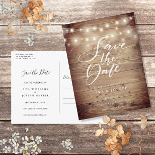 Rustic Wood String Lights Script Save the Date Postcard