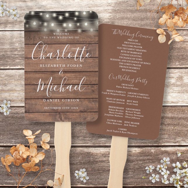 Rustic Wood String Lights Script Wedding Program Hand Fan (Rustic Wood String Lights Script Wedding Program Hand Fan)