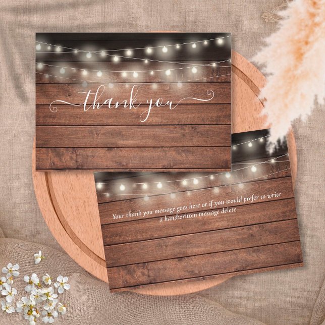 Rustic Wood String Lights Script Wedding Thank You Card (Creator Uploaded)