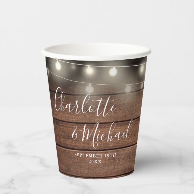 Rustic Wood String Lights Signature Script Wedding Paper Cups (Front)
