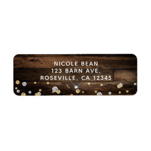 Rustic Wood & String Lights Silver Gold Confetti Return Address Label