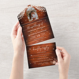 Rustic Wood String Lights Sparkling Photo Wedding All In One Invitation