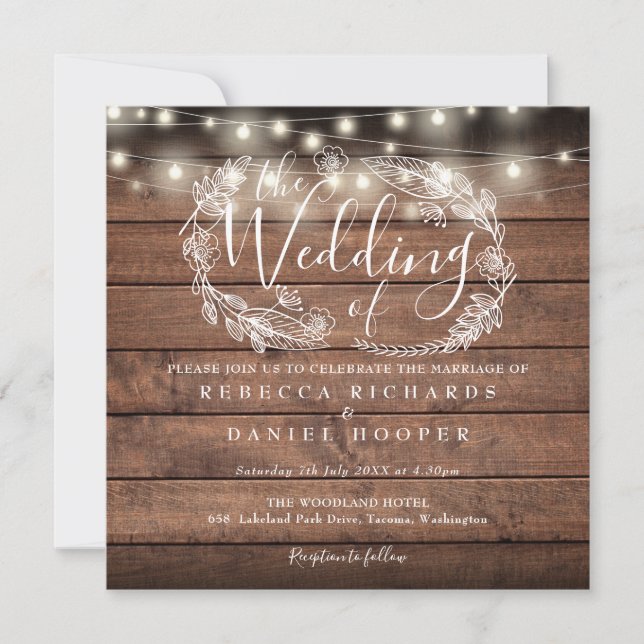 Rustic Wood String Lights Square Wedding Invitation (Front)
