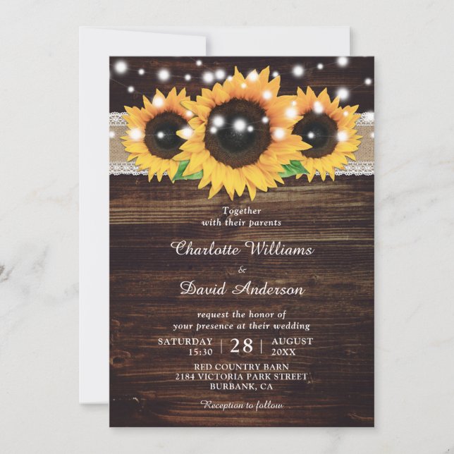 Rustic Wood String Lights Sunflower Wedding Invitation (Front)