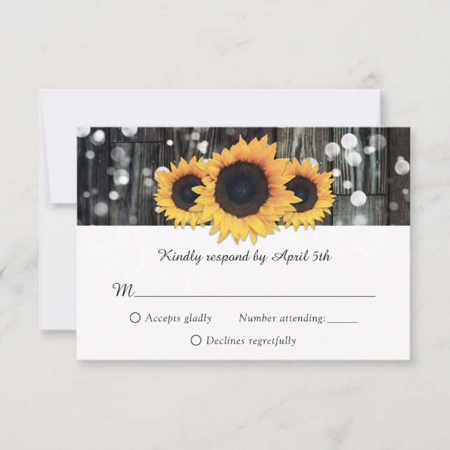 Rustic Wood String Lights Sunflower Wedding RSVP Card (Front)